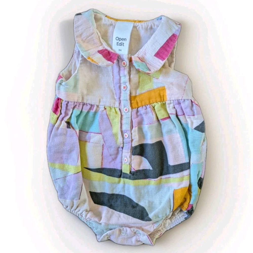 Open‎ Edit Bubble Romper Baby Girl 3 Months Retro Artsy Gauze Cotton Geometric